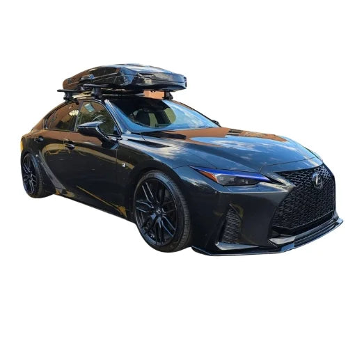 Black Lexus car with a roof rack on a white background
