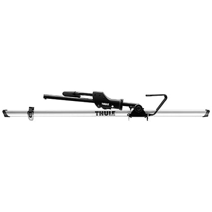 Side view of Thule 594XT Sidearm rooftop upright bike carrier with aluminum tray.hold.