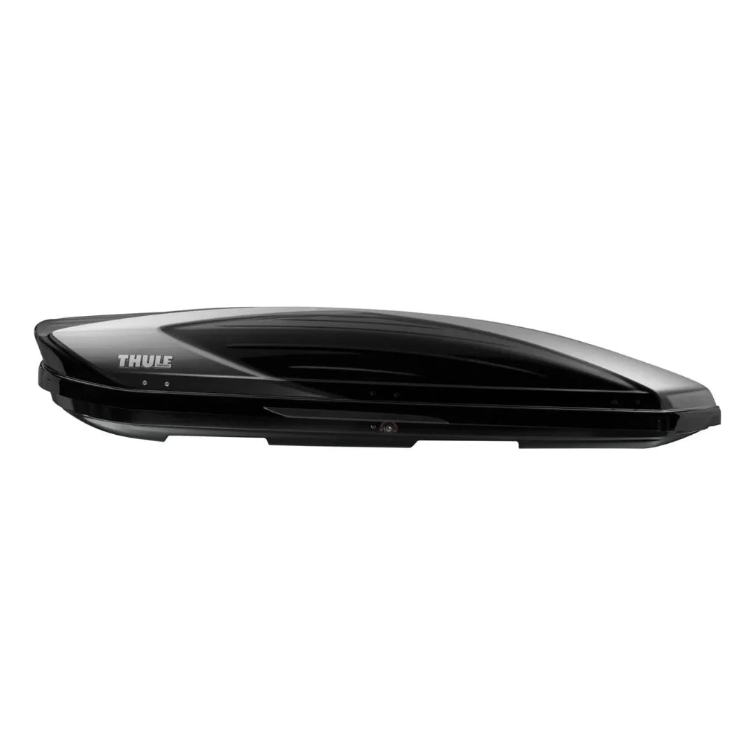Side view of the Thule 611 Boxster rooftop cargo box in glossy black finish.