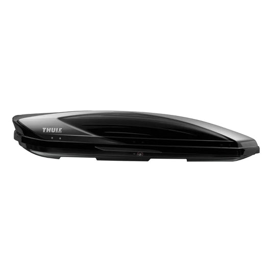 Side view of the Thule 611 Boxster rooftop cargo box in glossy black finish.