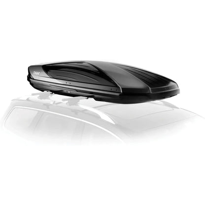 Thule Boxster installed on a white roof, highlighting its sleek design and dual-side opening feature.