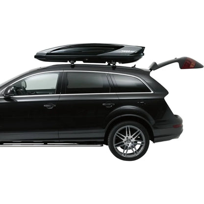 Thule Boxster mounted on SUV with rear hatch open, demonstrating excellent trunk clearance.