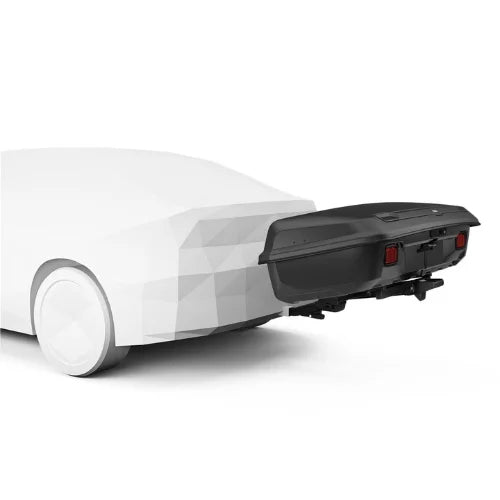 Thule Arcos Tilt Platform in upright position with Thule Arcos cargo box mounted