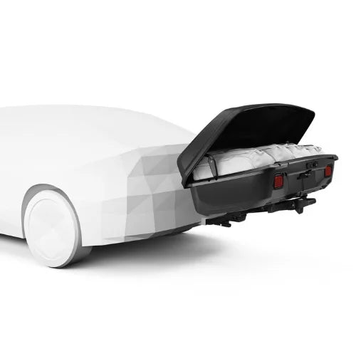 Thule Arcos Tilt Platform with cargo box open for easy rear storage access on vehicle