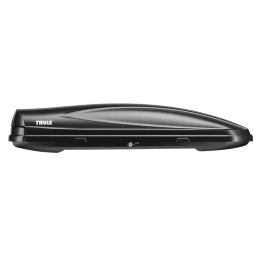Side view of Thule Convoy XT roof box in black with aerodynamic, diamond-textured design

