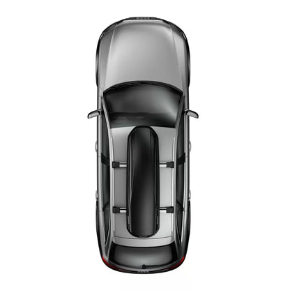 Top-down view of a black car with a Thule Convoy XT Alpine cargo box mounted on the roof.