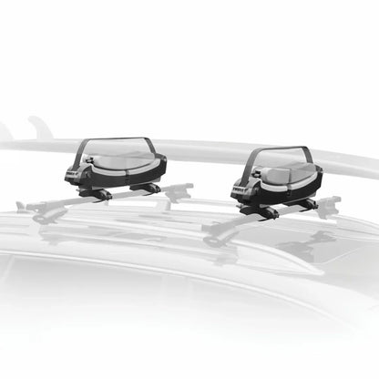 Top view of Thule surfboard carrier installed on a roof rack with dual cradle configuration
