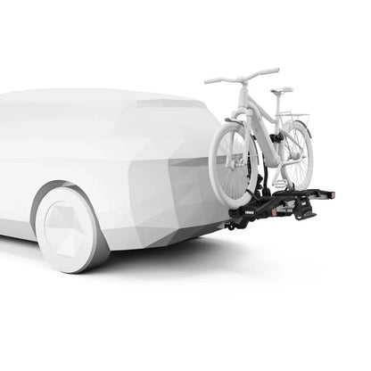 Thule Easyfold XT shown attached to vehicle with bike loaded

