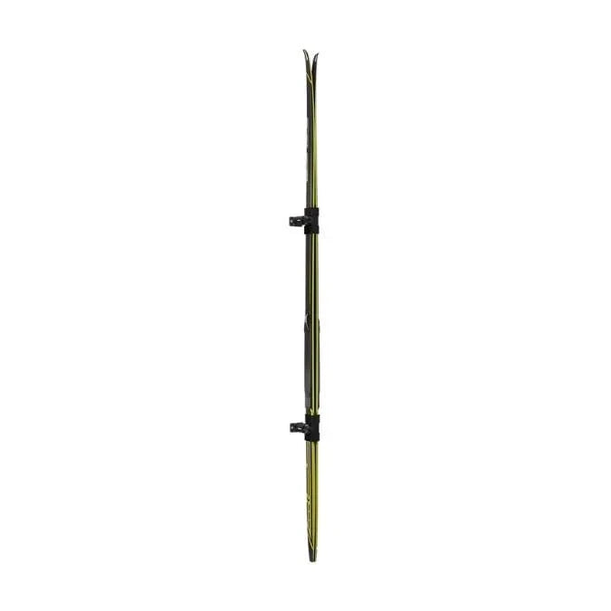 Side view of a single pair of cross-country skis secured with Thule SkiClick