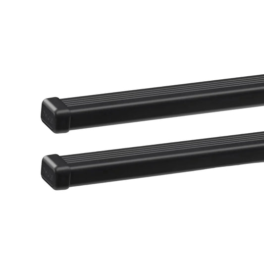 Angled view of two Thule SquareBar Evo crossbars with end caps installed