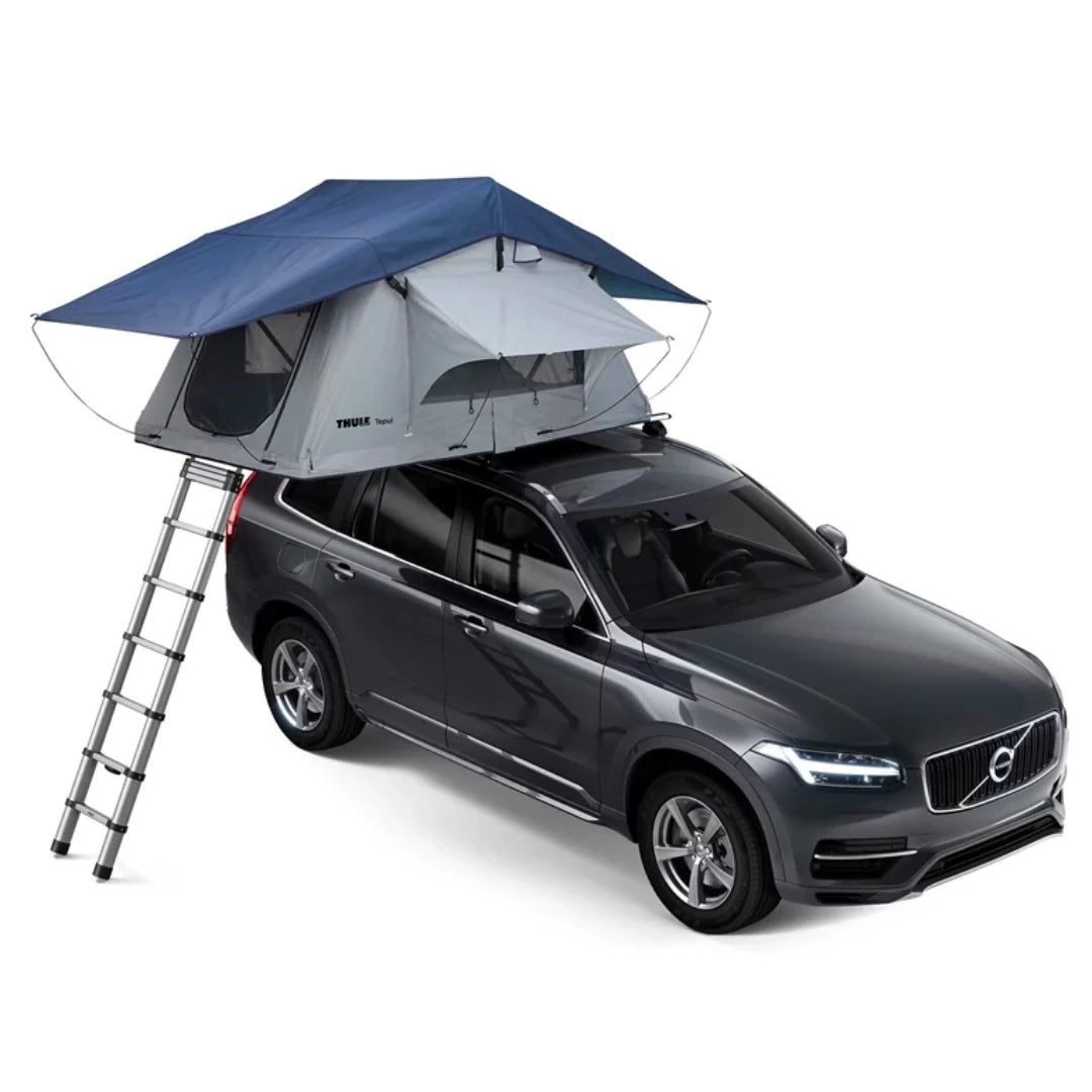 Thule Tepui rooftop tent mounted on black SUV with extended ladder
