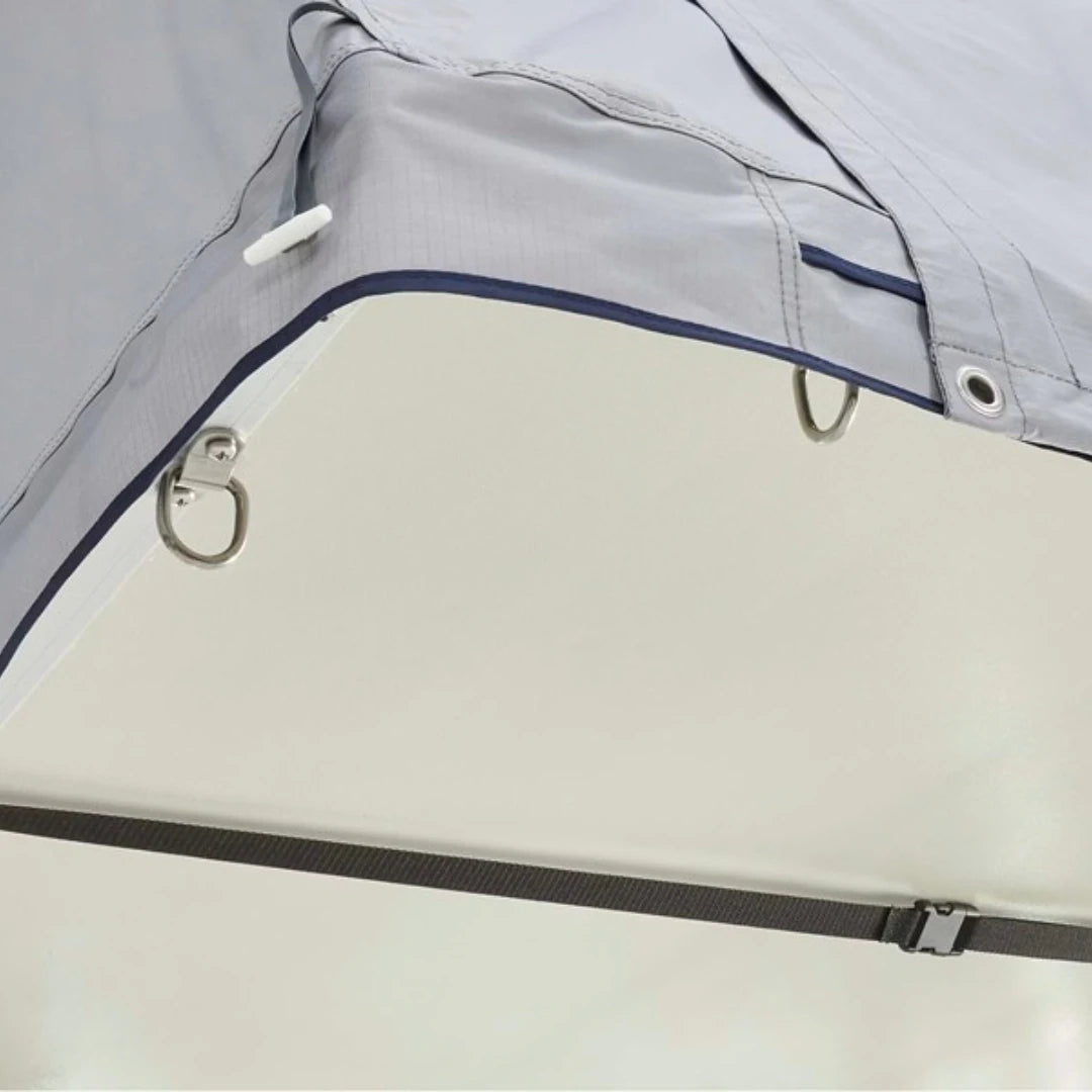 View of tent ceiling with ventilation and window panel