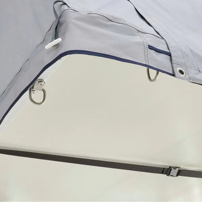 View of tent ceiling with ventilation and window panel