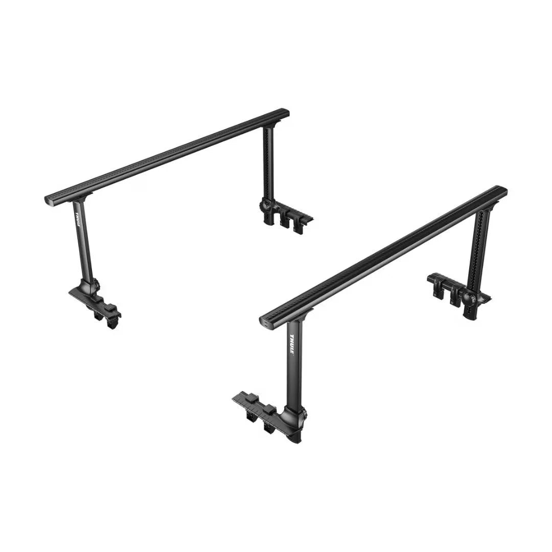 Thule Xsporter Pro adjustable truck rack with two black crossbars and vertical supports, shown on white background.