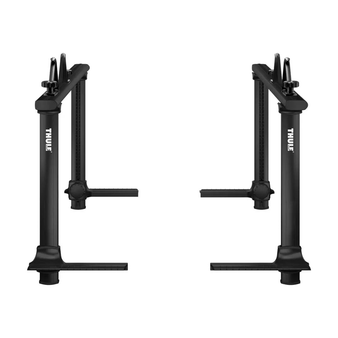 Front-facing view of the Thule Xsporter Pro rack system showing symmetrical vertical uprights
