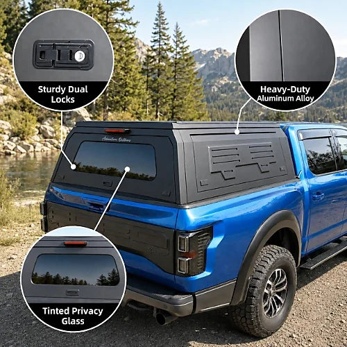 GullWing aluminum truck cap feature graphic showing dual locks, heavy-duty aluminum alloy, and tinted privacy glass
