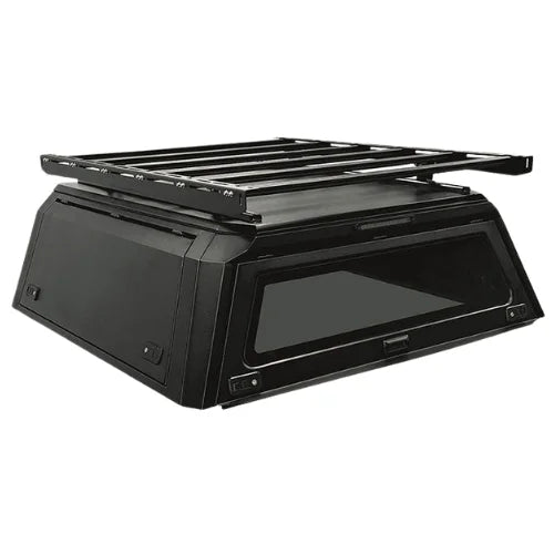 platform rack on a aluminum truck cap. roof platform installed on a gullwing aluminum truck canopy front side