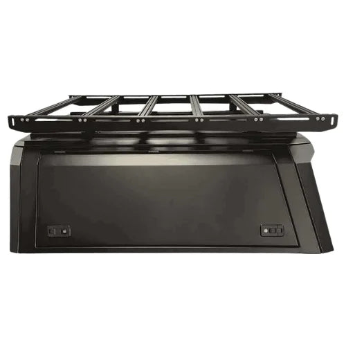 platform rack on a aluminum truck cap. roof platform installed on a gullwing aluminum truck canopy left side