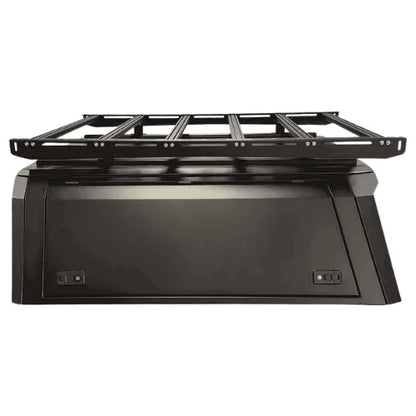 platform rack on a aluminum truck cap. roof platform installed on a gullwing aluminum truck canopy left side