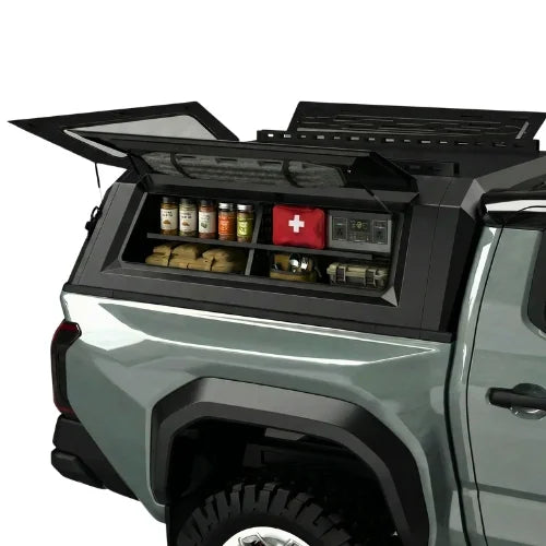 truck cap side storage box for truck canopies on a white background installed on a truck cap passenger side