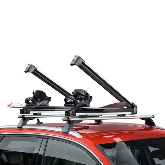 Volvo Ski And Snowboard Rack installed on a red car. It is open and in it is a snowboard including bindings showcasing the dimensions of the rack.