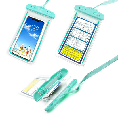 Pair of blue AO waterproof phone pouches with attached lanyards, positioned side by side on a white background

