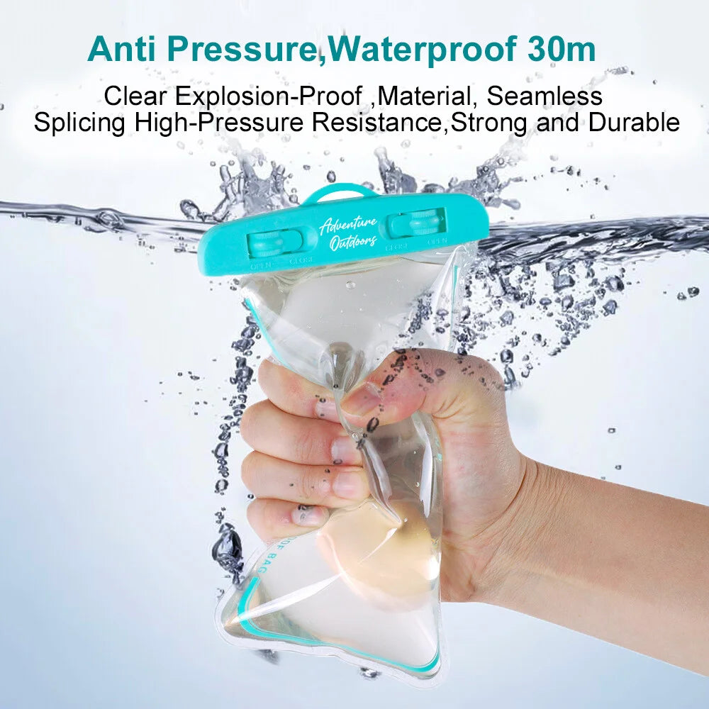 AO water-resistant phone pouch submerged in water, illustrating its leakproof and pressure-resistant capabilities