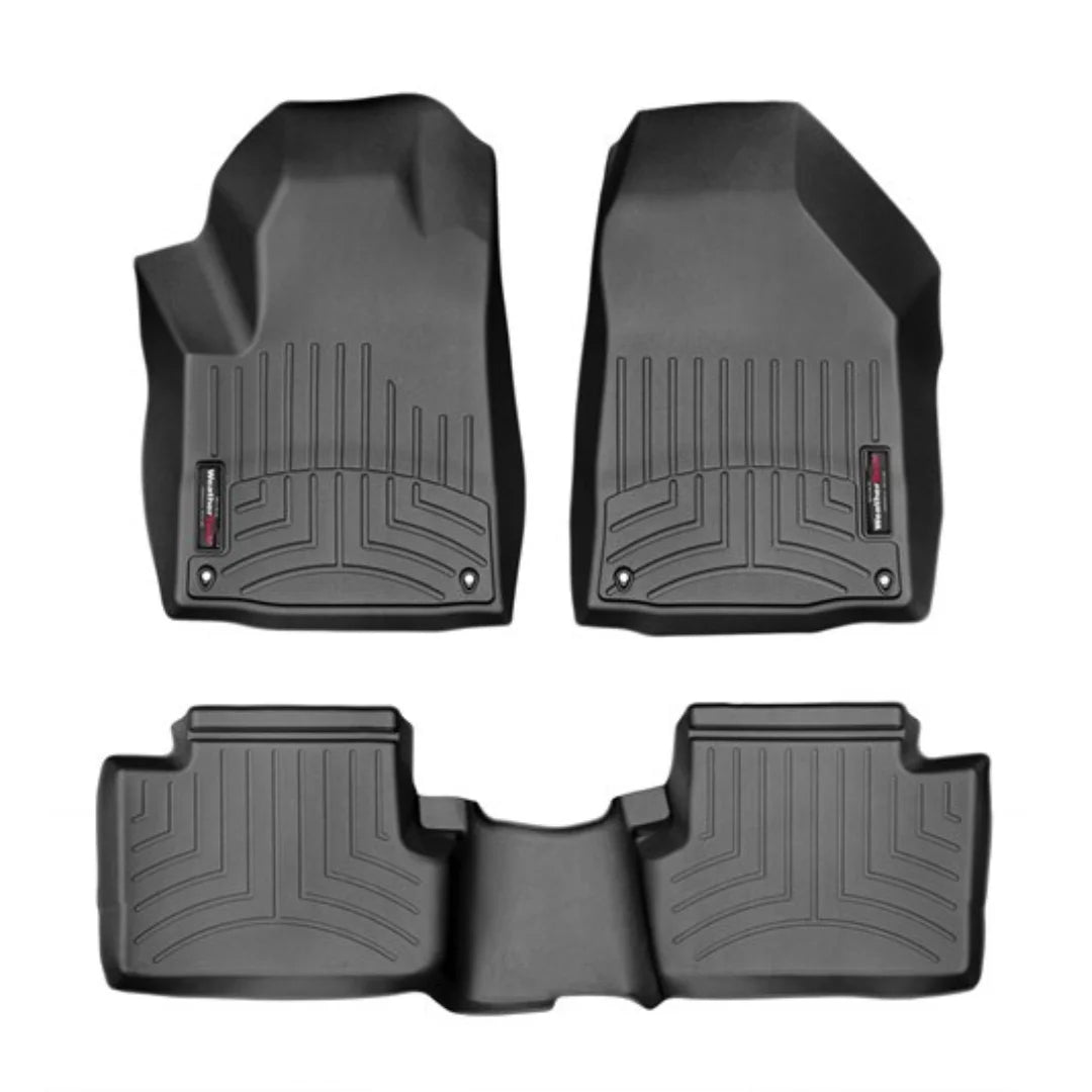 A set of black floor liners for a vehicle, including two liners for the front seats and one liner for the back seat.