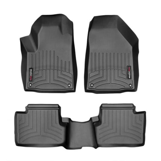 A set of black floor liners for a vehicle, including two liners for the front seats and one liner for the back seat.