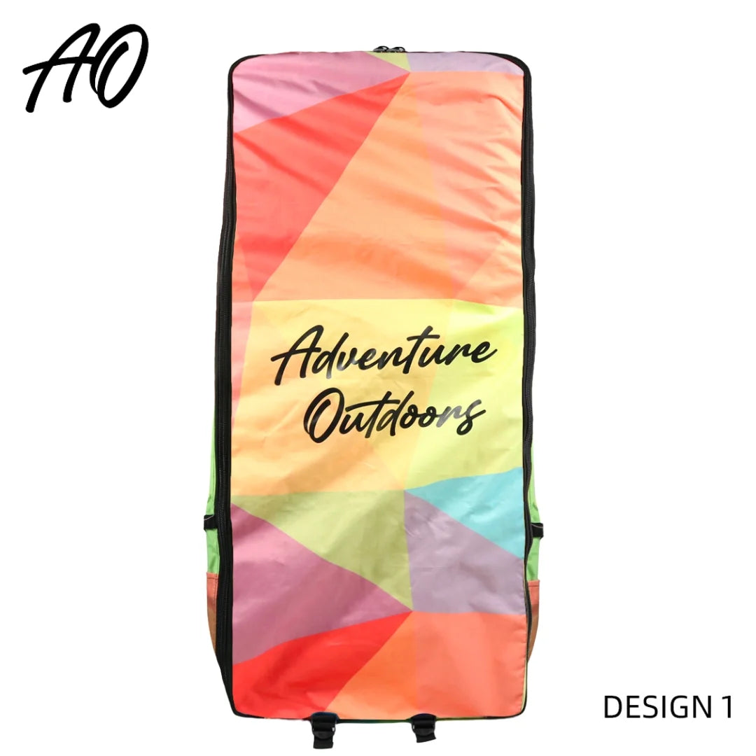 AO XXL backpack in colorful geometric pattern with Adventure Outdoors branding, front view.

