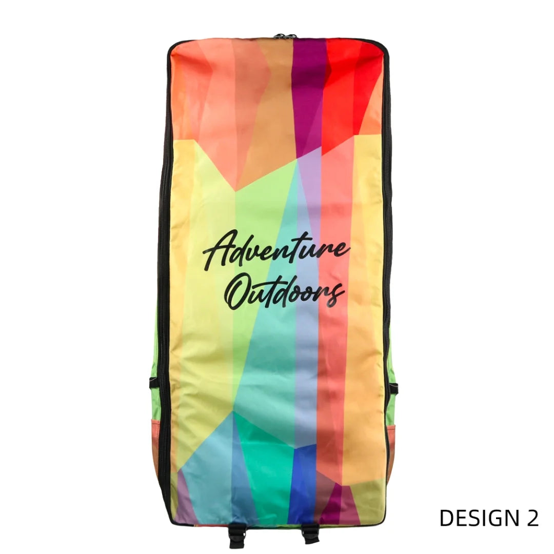 AO XXL backpack rear view showing colorful geometric design and padded straps.
