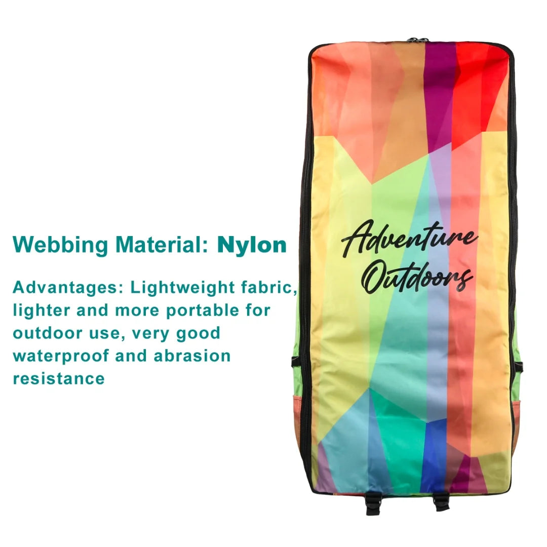 AO XXL backpack in rainbow pattern with nylon webbing material highlighted.

