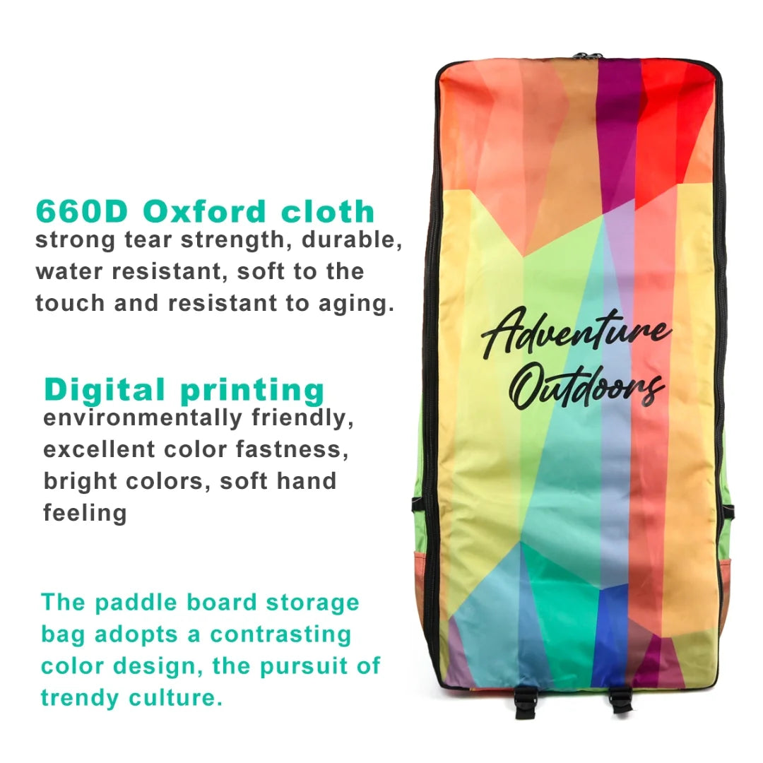 AO XXL backpack in design featuring rainbow stripes, front view and features.