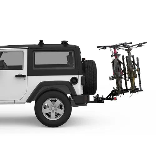 White SUV with a bike trailer attached on a white background