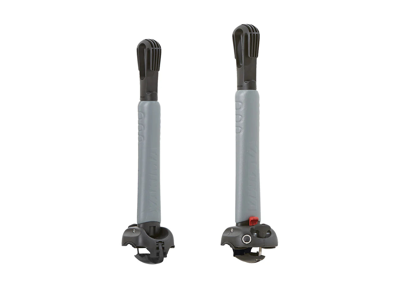 Two gray and black adjustable kayak racks on a white background