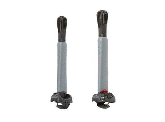 Two gray and black adjustable kayak racks on a white background