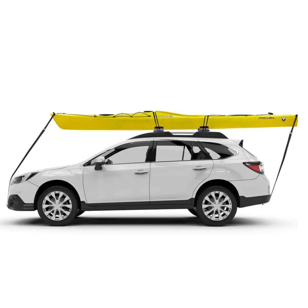 Yakima EvenKeel Rooftop Kayak Saddles
 fixing yellow kayak on car roof