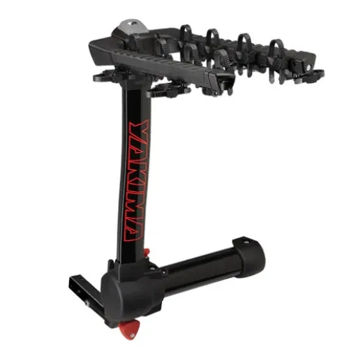 Black bike rack with red branding on a white background