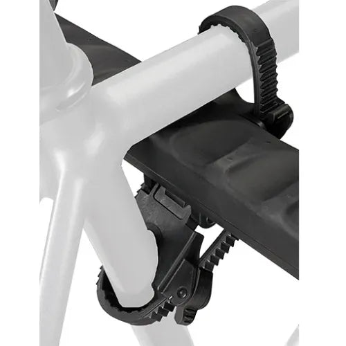 Close-up of a bicycle seat and frame with a black seat post binder on a white background