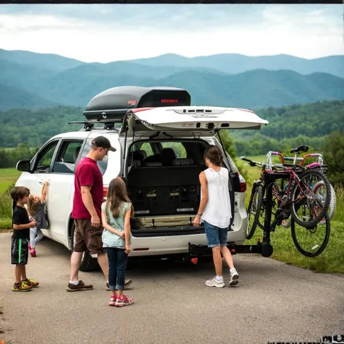 Family with children standing next to a white van with bicycles attached, mountains in the background