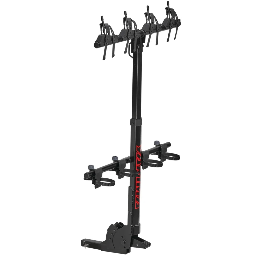 Black bike rack with multiple hooks on a white background