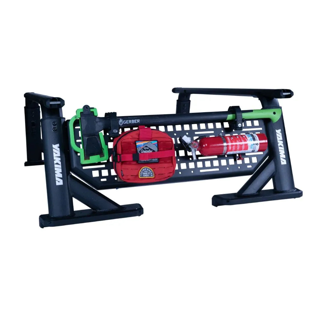 Black bow stand with red and green components on a white background