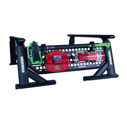 Black bow stand with red and green components on a white background