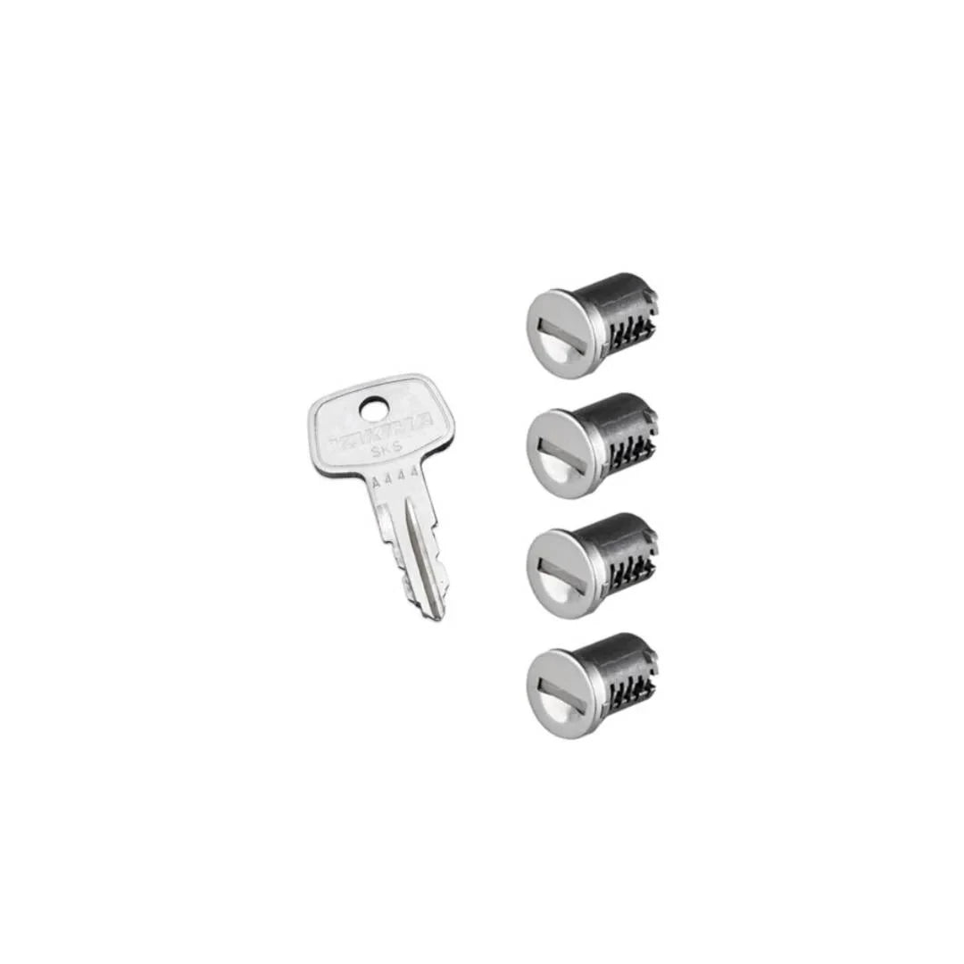 Four Yakima SKS lock cores with a single key on white background

