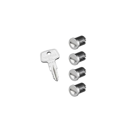 Four Yakima SKS lock cores with a single key on white background

