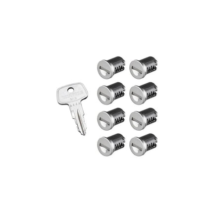 eight Yakima SKS lock cores with key in two rows

