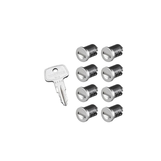 eight Yakima SKS lock cores with key in two rows

