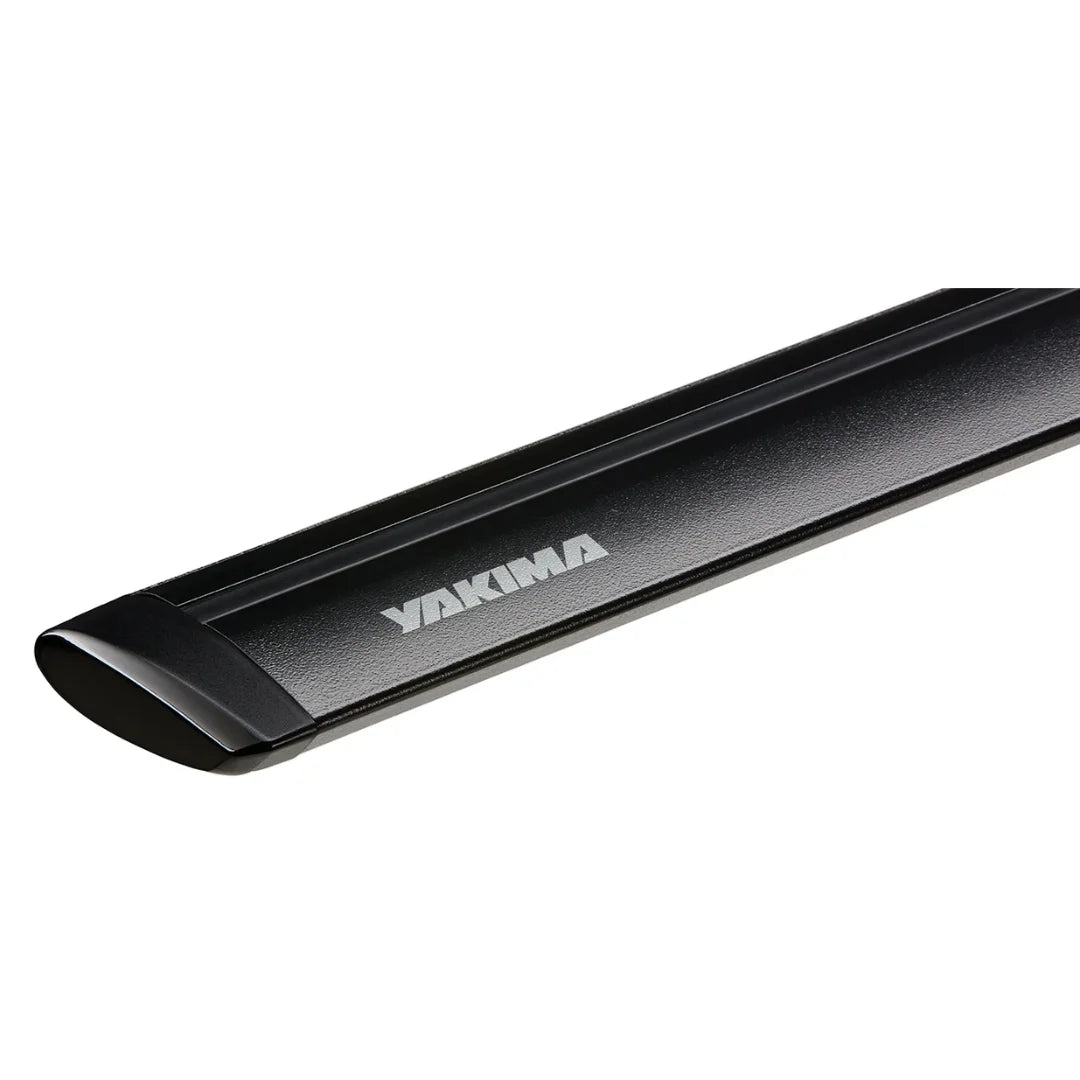 Black roof rack bar with Yakima logo on a white background