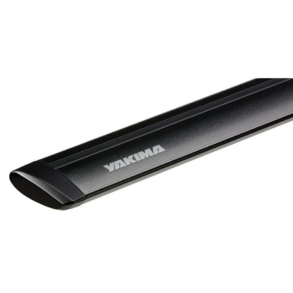 Black roof rack bar with Yakima logo on a white background