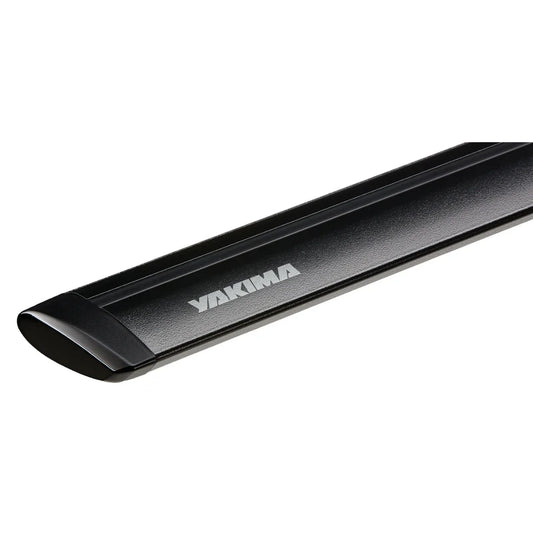 Black roof rack bar with Yakima logo on a white background